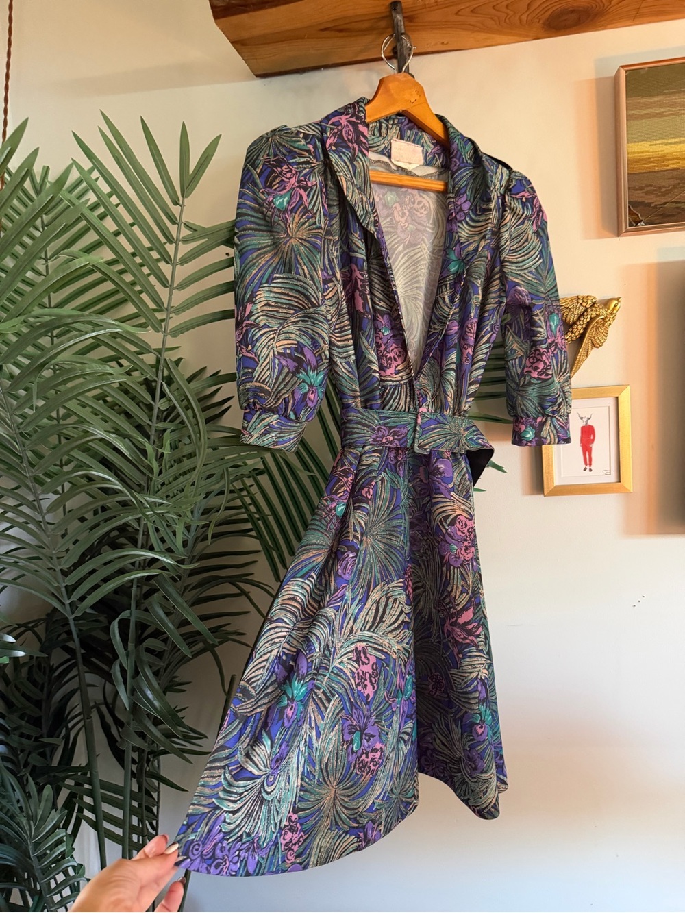 Vintage Green & Purple Floral Wrap Dress